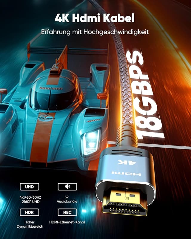 Detalle de SNOWKIDS 4K HDMI-Kabel (3 m) mit 4K@60 Hz, Nylon-Geflecht & vergoldeten Anschlüssen, inkl. Ethernet/ARC