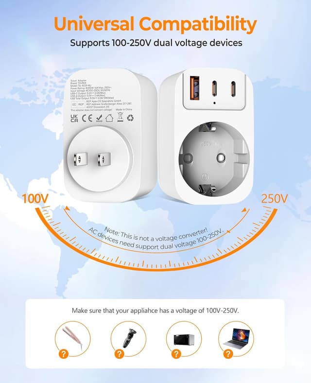 Detalle 2 de THUNIX Deutschland nach Japan Adapter (Reiseadapter) mit 2x Typ-C und 1x USB-A – ohne Spannungswandler