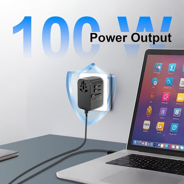 Detalle de Reiseadapter Weltweit 100W – 5-in-1 Universal GaN Reisestecker mit 3×USB‑C & 2×USB‑A für EU/UK/US/AU