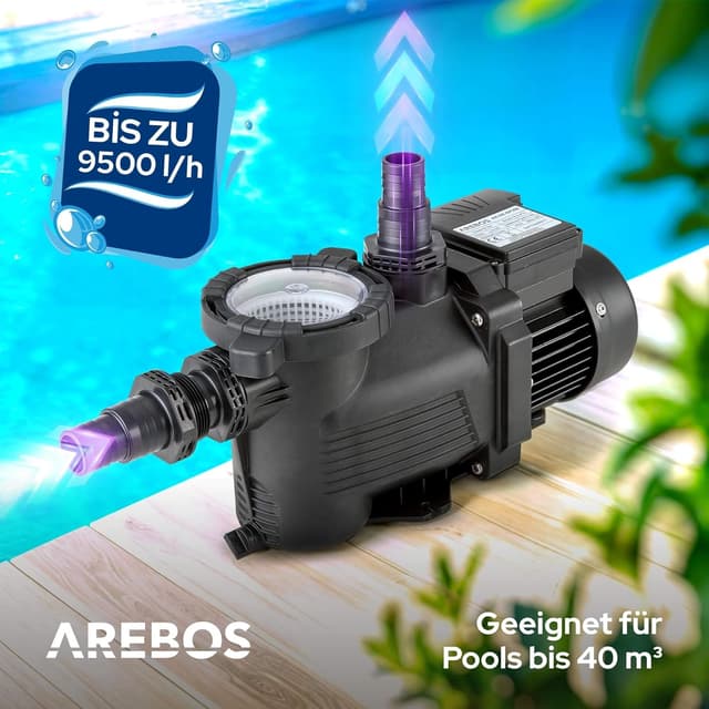 Detalle de AREBOS Schwimmbadpumpe 350 W (9500 l/h) mit Vorfilter – Filterpumpe für Pool-Sandfilteranlagen