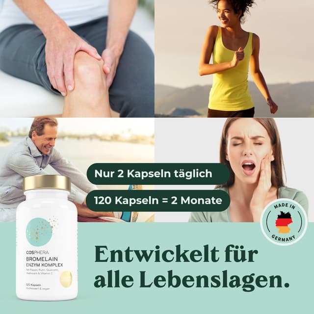 Detalle de COSPHERA® Bromelain hochdosiert 5000 FIP – 6-in-1 Ananas Enzym Komplex mit Papain, Quercetin, Weihrauch, Rutin & Vitamin C (120 magensaftresistente Kapseln)