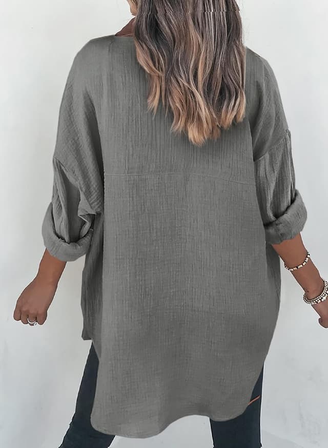 Detalle de Dokotoo Damen Musselin Langarmbluse mit Knopfleiste und Farbblock-Design (S–XXL)