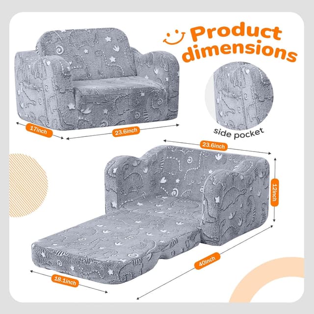 Detalle de MeMoreCool Glow-in-the-Dark Dinosaur Kids Couch (2-in-1 Foldable Lounger) for Ages 1–3