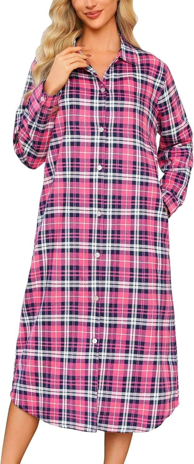 Detalle 2 de ENJOYNIGHT women’s long flannel nightdress with button front, pockets and V-neck