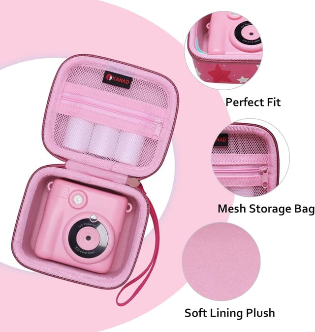 Detalle de XANAD Kinderkamera Tasche (Sofortbildkamera) – Schutzhülle mit Hartschale & weichem Innenfutter für Kinder 3–14 (Rose Star)