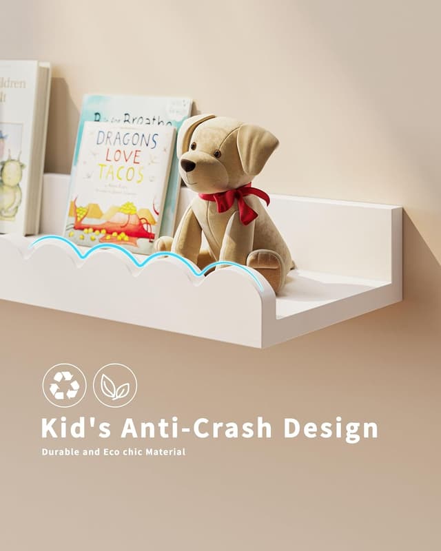 Detalle 2 de Shario Nursery Book Shelves (4-Pack) White Floating Wall Shelves for Kids Rooms