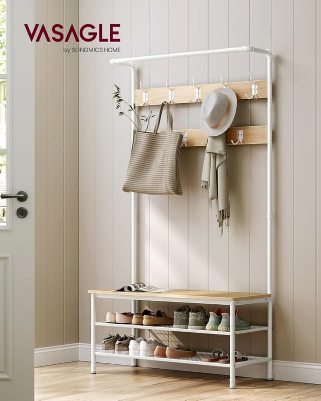 Detalle de VASAGLE Appendiabiti Grande Mobile da Ingresso con Panca, 9 Ganci e Scarpiera HSR047W09 (Rovere e Bianco)