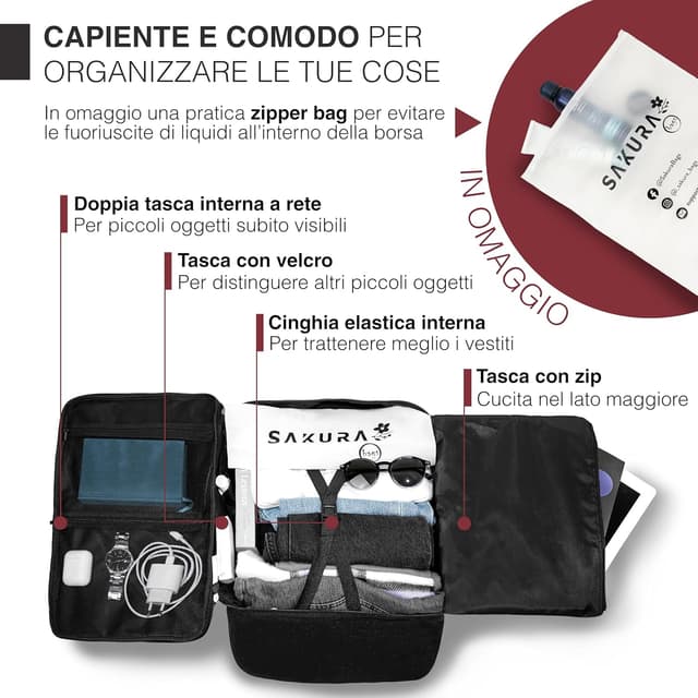 Detalle de Sakura Bags Sàkura Borsa da Viaggio 40x20x25 compatibile standard Ryanair, WizzAir, Vueling (cabina/sottosedile)