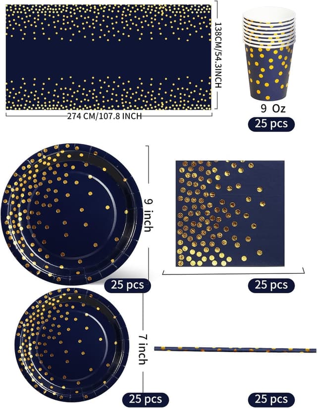 Detalle de Nkaiso Party Tableware 126-piece set in navy blue and gold paper (for up to 25 guests)