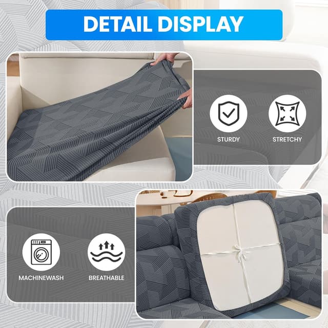 Detalle 2 de CYCMACO Copriseduta ed copricuscini elasticizzati per divano con sedili separati, 3 posti, grigio chiaro