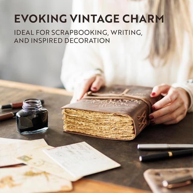 Detalle de moonster® Diario in Pelle Vintage Albero della Vita: 240 pagine bianche in carta di cotone, rilegato a mano