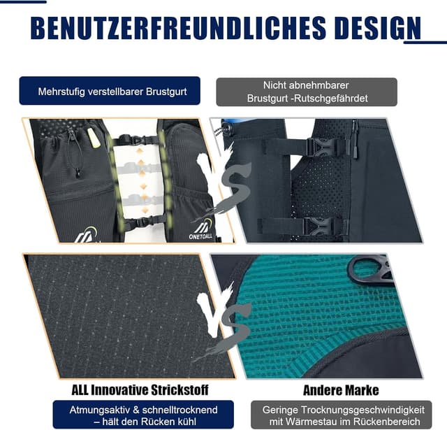 Detalle de ONETOALL Laufweste Damen mit 500-ml-Trinkflasche & 2-L-Trinkblase (150 g) – reflektierend für Laufen, Trail, Bike