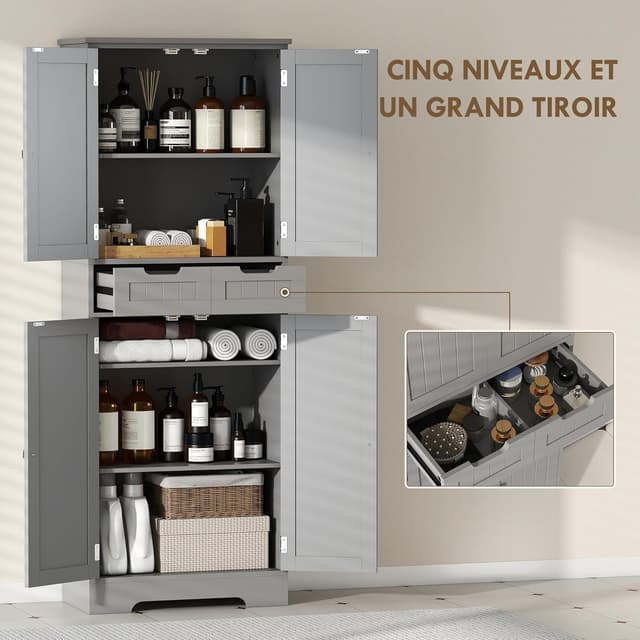 Detalle 2 de HOMCOM Meuble de salle de bain avec tiroir et portes, étagère réglable, 60 x 30 x 160 cm (gris)