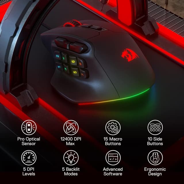 Detalle de Redragon M811 Aatrox MMO mouse da gioco cablato con 15 pulsanti programmabili e RGB