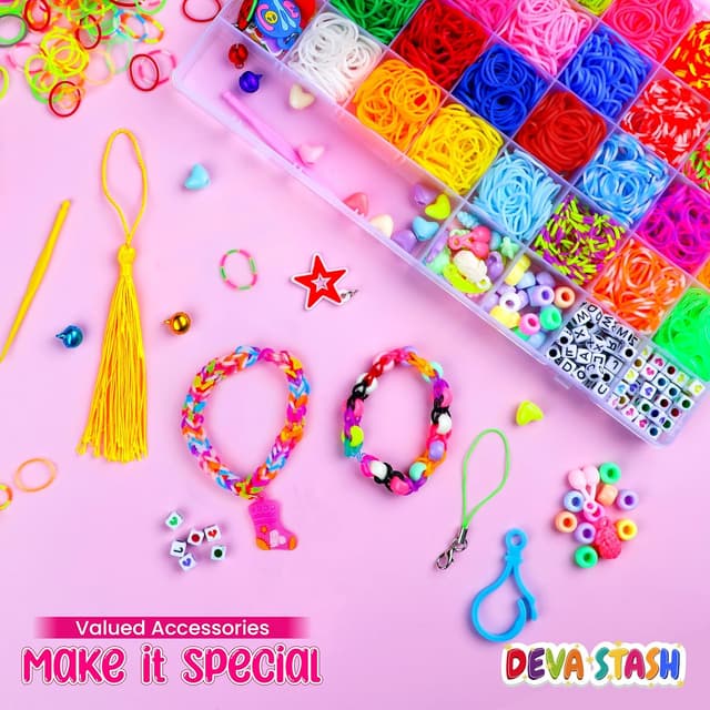 Detalle de DEVA Stash Loom Bands Kit (20 Colours) – DIY friendship bracelet making set with clips, charms and refills