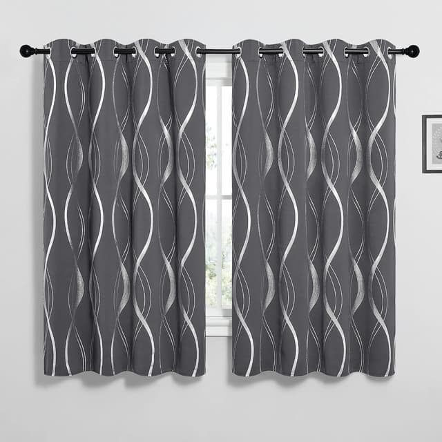 Detalle de Pony Dance Blackout Curtains (Blackout, Grey) with Silver Wave Foil Print, 2 Panels, Thermal Insulated