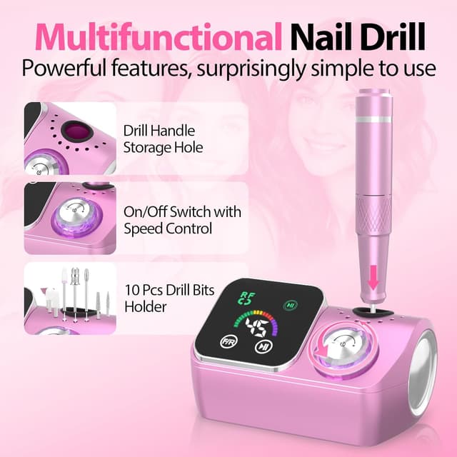 Detalle de PYVOLA Professional Electric Nail Drill E-File Machine Kit (45,000 RPM) with LED Display, Low Noise & LED