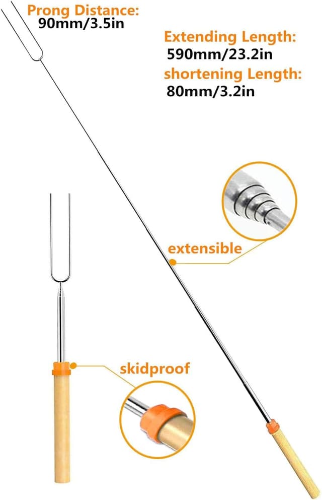 Detalle 2 de DIKER Teleskop-Grillspieße & Marshmallow-/Stockbrot-Stöcke aus Edelstahl (8er Set)