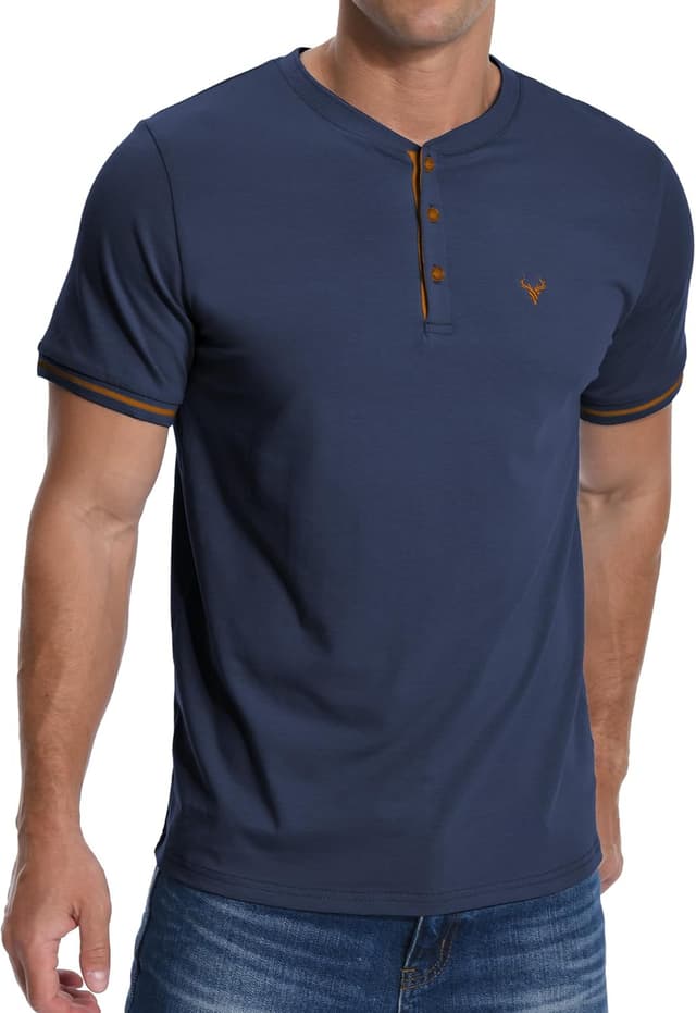 Detalle 2 de KUYIGO Men’s Embroidered Henley Short Sleeve T-Shirt with Button Placket