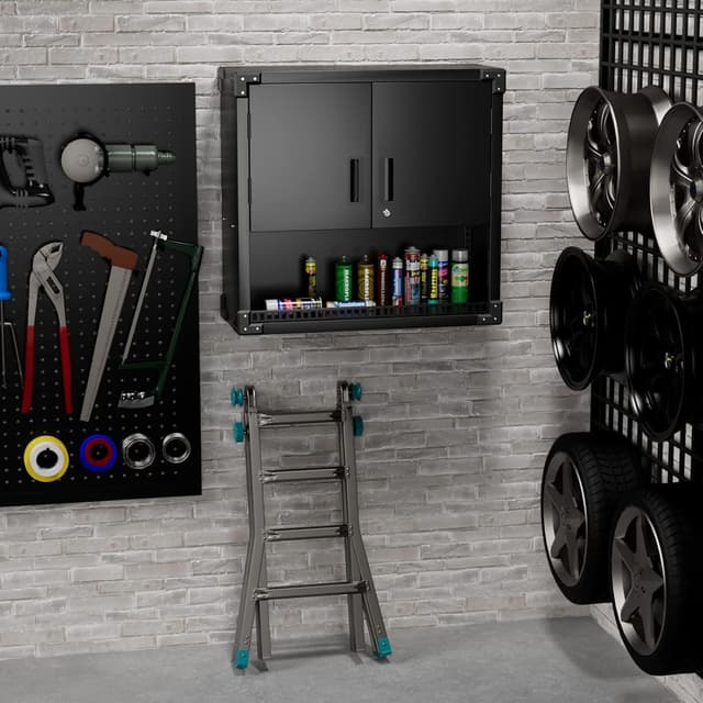 Detalle de SUPEER Hängeschrank Metall Werkzeugschrank mit verstellbarem Fachboden, 2 Türen und Schublade (abschließbar) – H77×B80×D30 cm, Schwarz