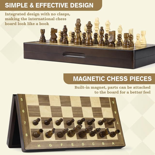 Detalle 2 de Peradix 2 in 1 Chess Set & Draughts Board (15" magnetic foldable walnut style) with extra queen pieces
