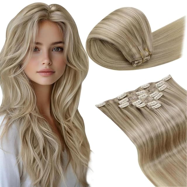 Detalle de LaaVoo Clip-in Echthaar-Extensions Blond Highlight (7 Stück, 35 cm) #16/22