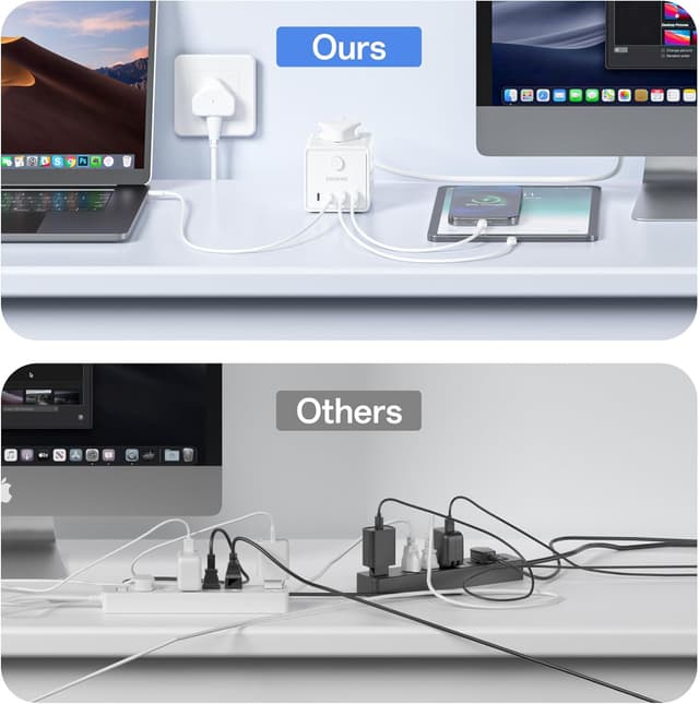 Detalle de 3M 3-Way Extension Lead with 4 USB (2 USB-A + 2 USB-C) and 3m Cable for Home Office