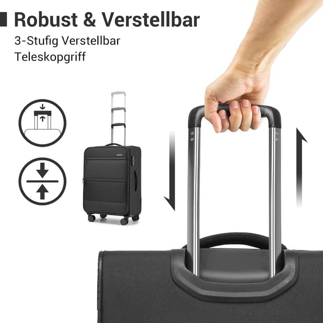 Detalle de British Traveller Handgepäck Koffer Stoff 41 Liter mit separatem Laptop-Fach, 4 Rollen & TSA-Schloss (57,5×37×25,5 cm) – Schwarz