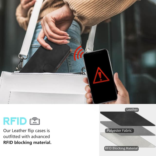 Detalle de GOTOURED Handyhülle für Samsung Galaxy A26 (RFID, Kartenfach, Magnetverschluss, Stand & Handgelenksgurt) – Schwarz