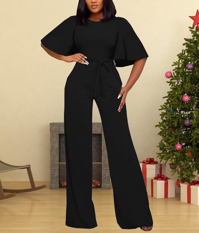 Detalle 2 de BessCops Women’s Loose Short Sleeve Belted Wide-Leg Pant Romper Jumpsuit