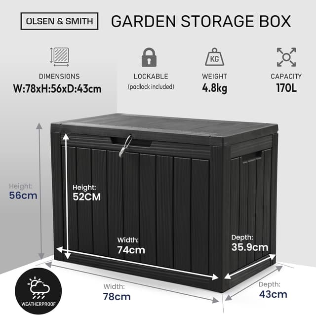 Detalle 2 de Olsen & Smith 170L Lockable Outdoor Garden Plastic Storage Box (Small) – Weather Resistant, Wood Panel Effect (Black)