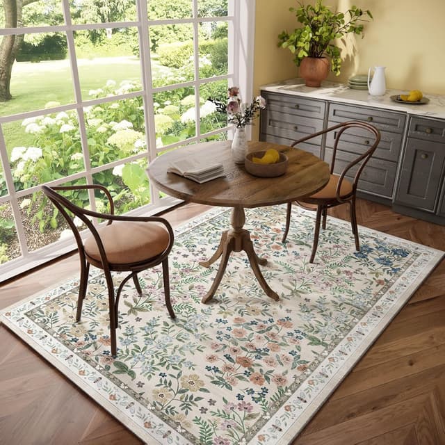 Thumbnail 6 de 5x7 Machine-Washable Stain-Resistant Low Pile Area Rug (Non-Slip, Vintage/Farmhouse Style)