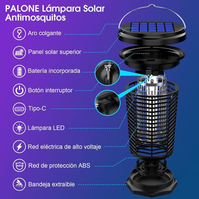 Detalle 1 de PALONE Lámpara Antimosquitos Solar 2500mAh 🔆, Recargable USB
