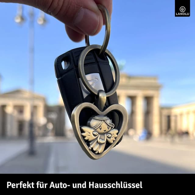 Detalle de LANOLU Schutzengel Schlüsselanhänger Engel als Glücksbringer für Auto, Motorrad & Fahrrad – mit Platz für Gravur