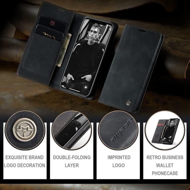 Detalle 2 de Cracedily Klapphülle aus Leder für iPhone XS Max mit Kartenfächern, Magnet & Standfunktion (Schwarz)