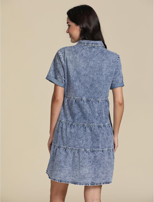 Detalle 2 de GRAPENT Denim Dress for Women Babydoll Tiered Short Sleeve Button-Down Jean Shirt Dress