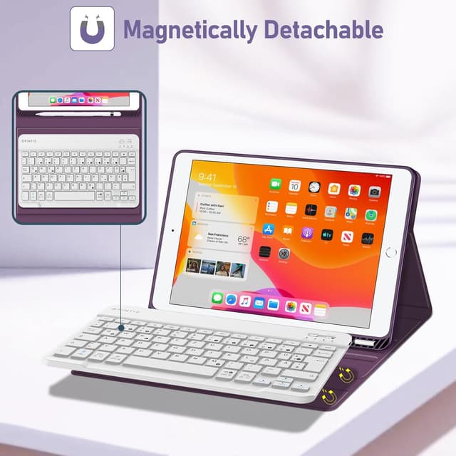 Detalle de FINTIE Tastatur Hülle für iPad 10,2 Zoll (9./8./7. Gen, 2019–2021) mit QWERTZ, Pencil-Halter und abnehmbarer Bluetooth-Tastatur – Lila