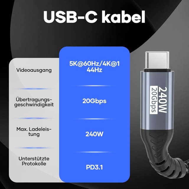 Thumbnail 6 de USB‑C Datenkabel (30 cm) mit 20 Gbit/s, 240 W und Video 4K@144 Hz/5K@60 Hz