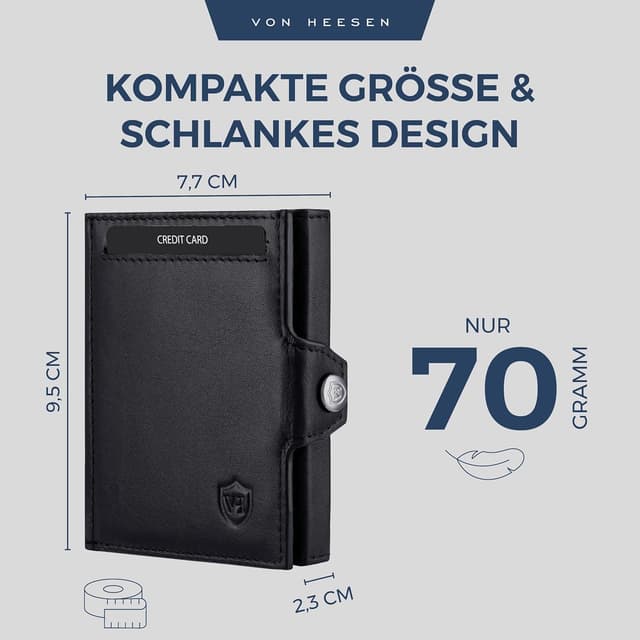 Detalle de VON HEESEN Slim Wallet mit XL Münzfach & RFID-Schutz – kleine Leder-Geldbörse für Karten & Bargeld (Schwarz, glatt)