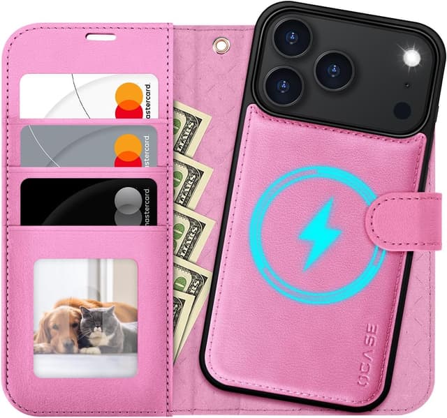 Detalle de OCASE Handyhülle für iPhone 17 Pro – abnehmbare 2-in-1 Magnet-Klapphülle mit Kartenfach, RFID und Standfunktion (Rosa)