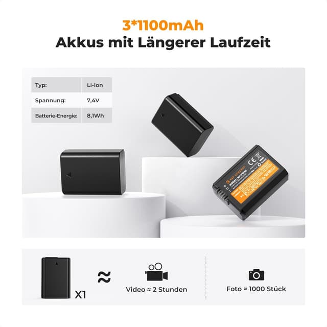 Detalle 2 de K&F CONCEPT NP-FW50 1100 mAh Akku-Set (3er-Pack) + 3-Slot-Dreifach-Ladegerät mit LCD für Sony-Kameras