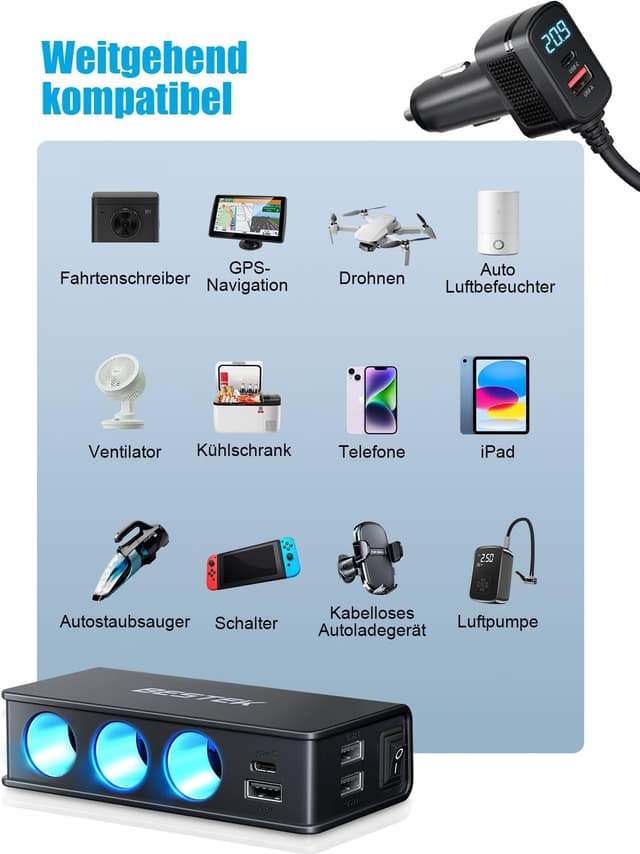 Thumbnail 6 de BESTEK Caricatore Auto 180W 9in1 USB-C PD QC3.0