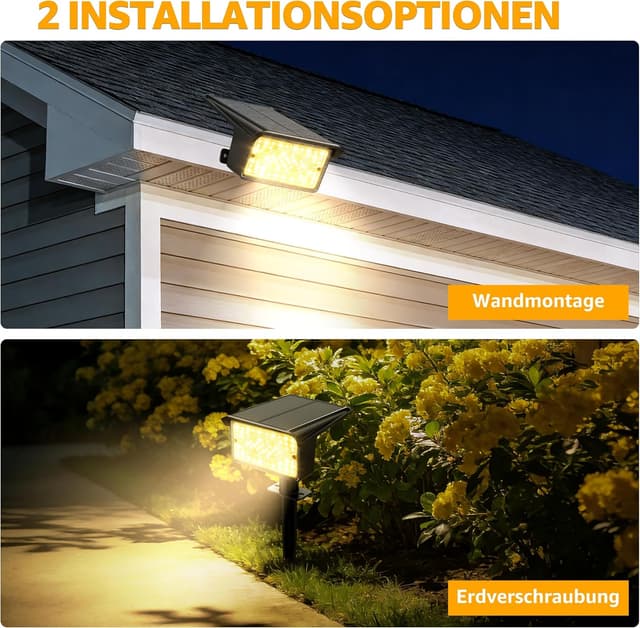 Detalle de Ollny 4er-Set 60-LED Solarstrahler für außen (3000K, IP65, 3 Modi) – Dusk to Dawn