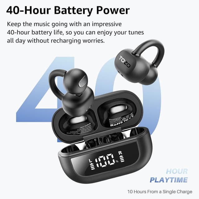 Detalle de TOZO OpenEarRing Cuffie Bluetooth 5.1 con microfono e cancellazione rumore, autonomia fino a 40 ore, display LED e IPX5 (Nero)