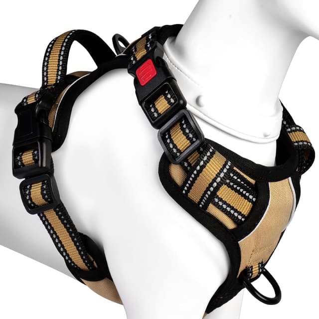 Detalle de BaoCheng Hundegeschirr Anti-Zug-Hundegürtel für kleine bis große Hunde (Khaki) – atmungsaktives Mesh, 3 Schnallen, reflektierend