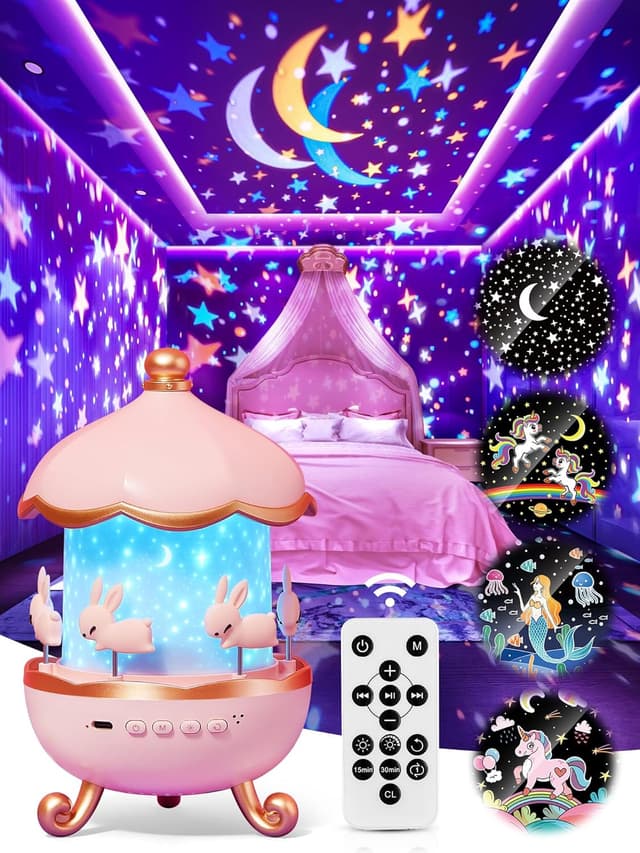 Detalle de Carousel Night Light for Kids: Unicorn Star Projector With Remote, Timer, Music & Films (315 Color Modes)