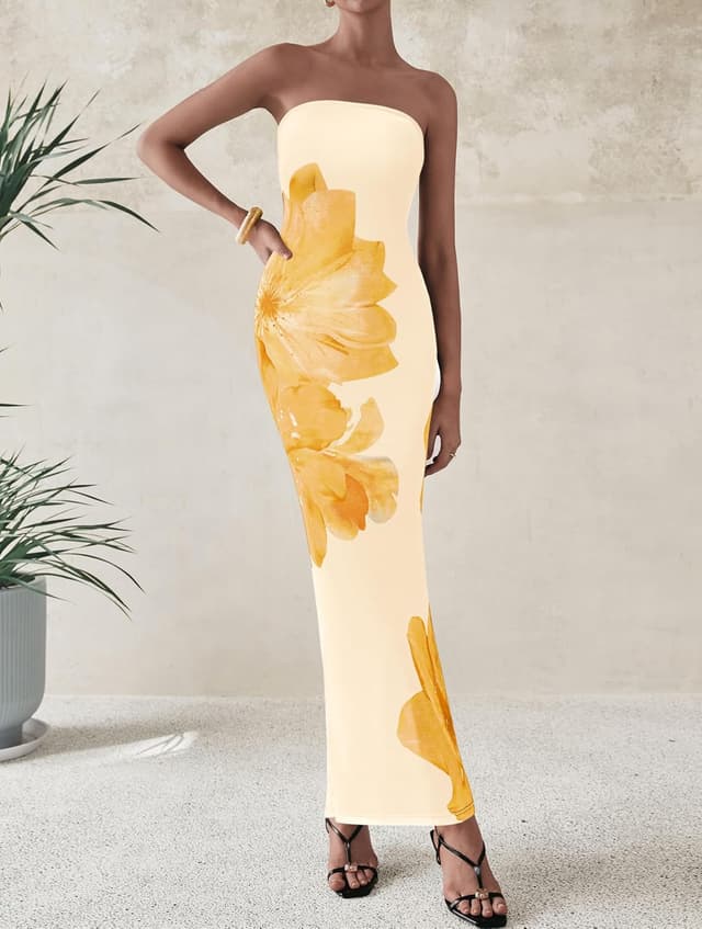Detalle de PRETTYGARDEN Women’s Strapless Floral Maxi Dress (Mesh, Bodycon, Slit)