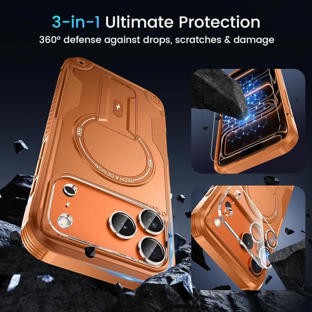 Detalle 2 de 3 in 1 iPhone 17 Pro Max Case (MagSafe Compatible) with Invisible Kickstand, HD Screen Protector & Camera Lens Protector — Orange