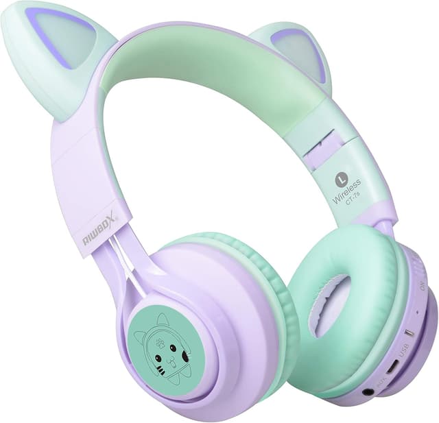 Detalle 2 de Riwbox CT-7S Kids Wireless Cat Ear Bluetooth Headphones (Purple & Green)