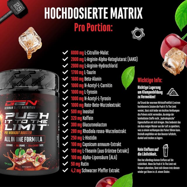 Detalle 2 de Push it to the Limit Pre Workout mit L-Arginin, Citrullin & Koffein – Hochdosiert, 360 g (Cherry Kiwi) – 15 Anwendungen